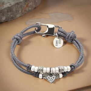 Lizzy James Gunmetal Leather Bracelet,Cubic Zirconia,Sterling Silver Heart Charm
